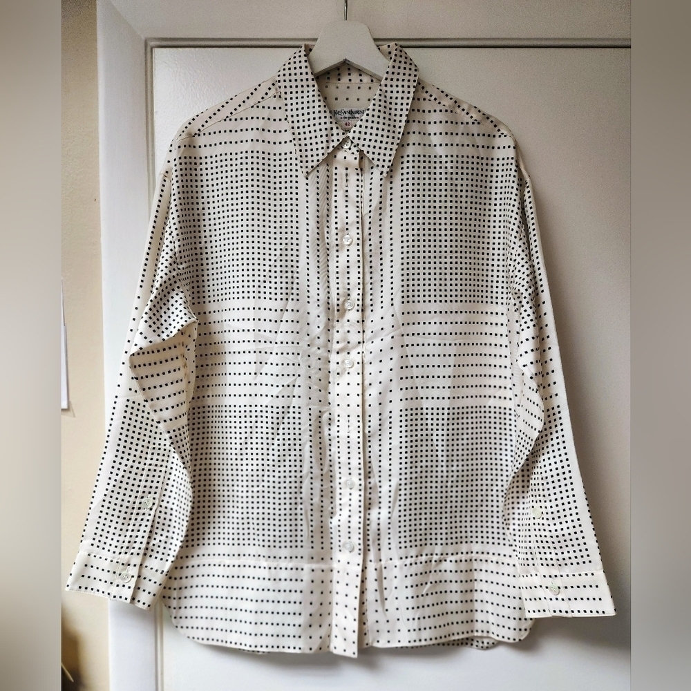 YVES SAINT LAURENT VINTAGE BLACK AND WHITE CUBES ASYMMETRICAL CUT SHIRT SIZE 12 - Picture 13 of 14